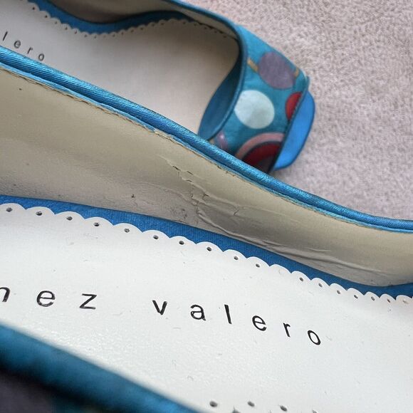 Martinez Valero Turquoise Teal Fabric Peep Toe Pump Multi-Color Dots Women’s 8.5 - Picture 15 of 16